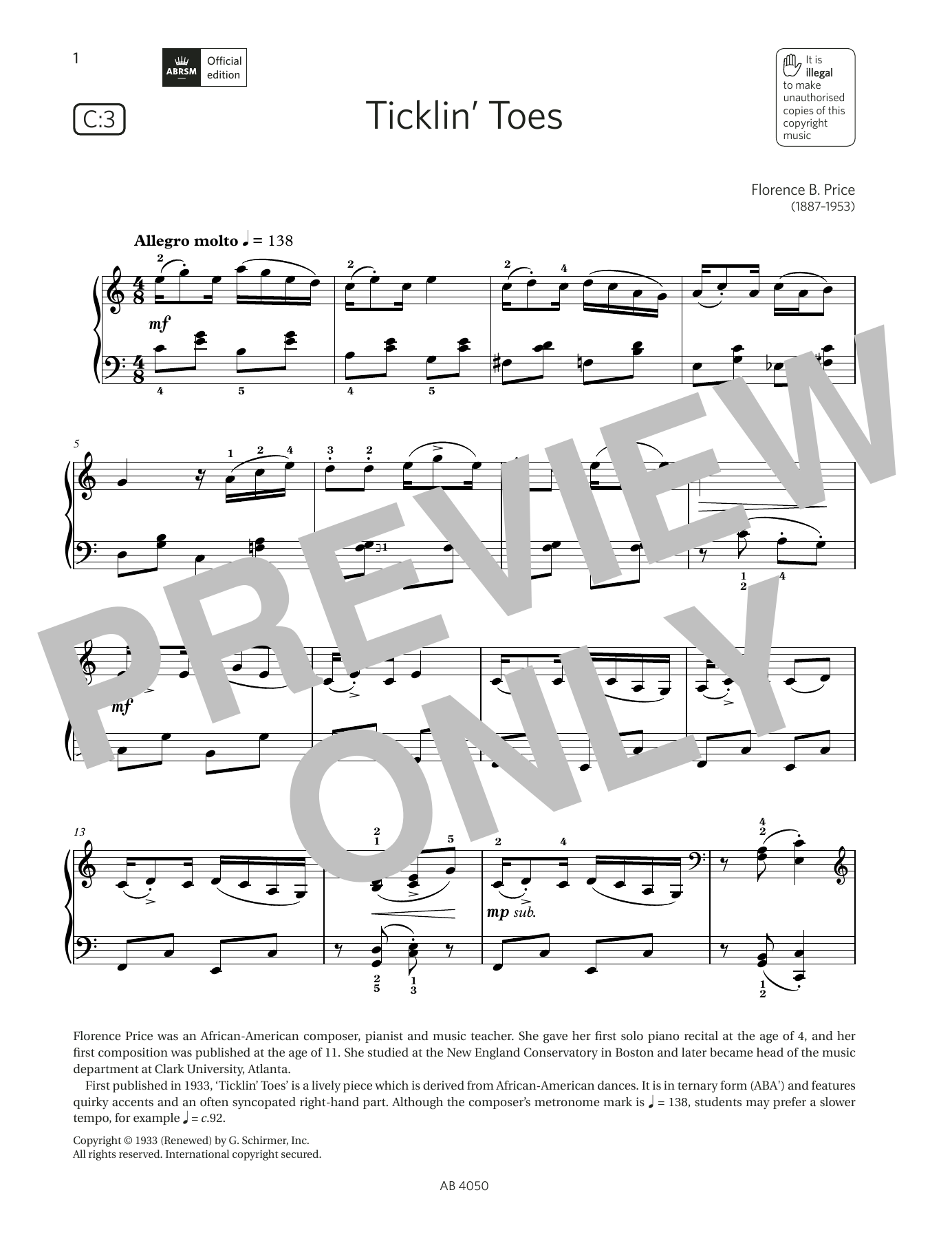 Florence B Price Ticklin Toes (Grade 4, list C3, from the ABRSM Piano Syllabus 2023 & 2024) sheet music notes and chords arranged for Piano Solo