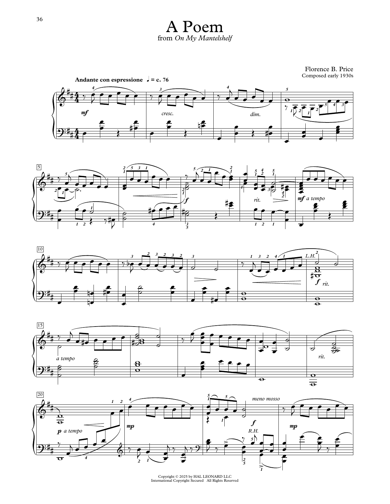 Florence Price A Poem sheet music notes and chords arranged for Educational Piano
