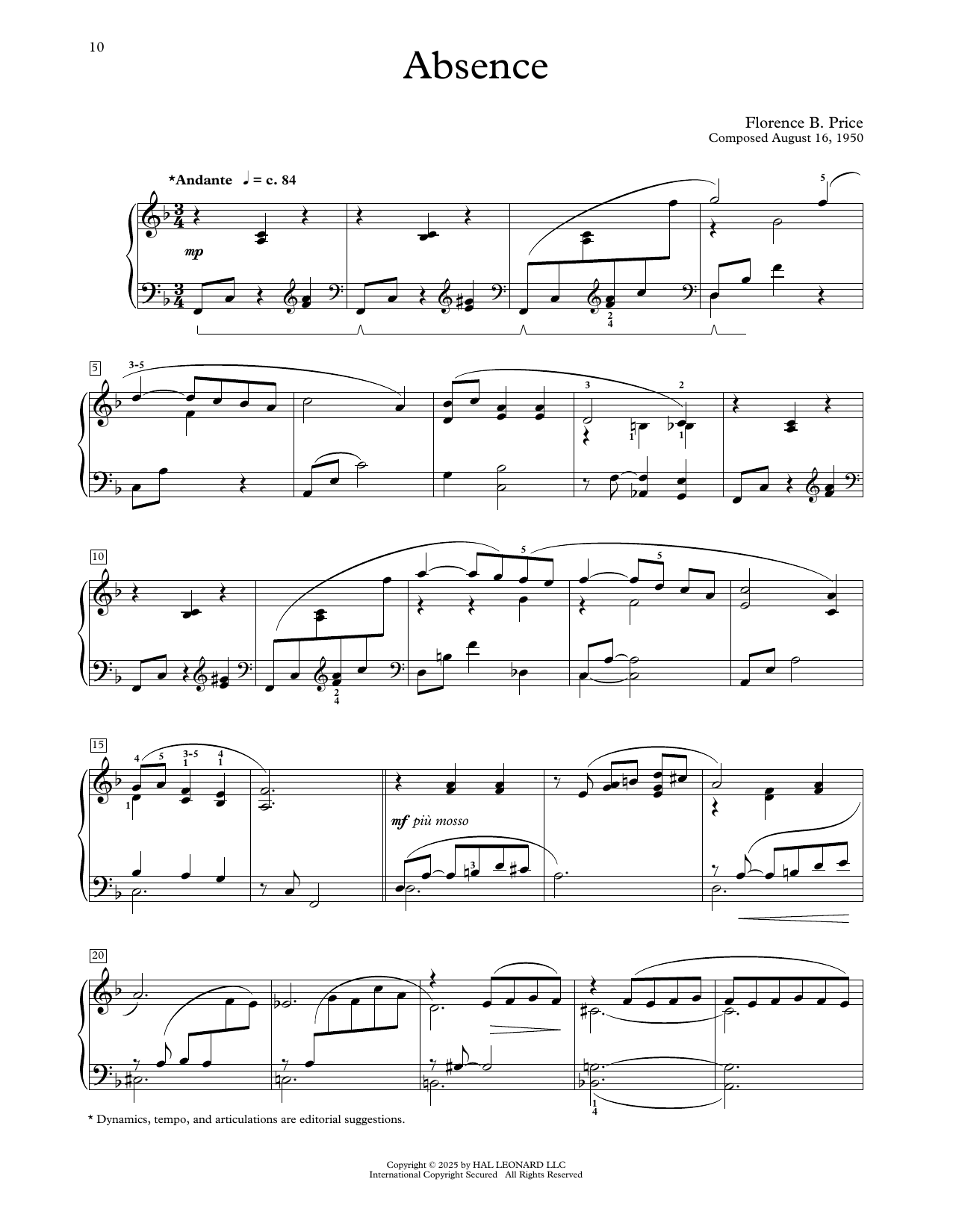 Florence Price Absence sheet music notes and chords arranged for Educational Piano