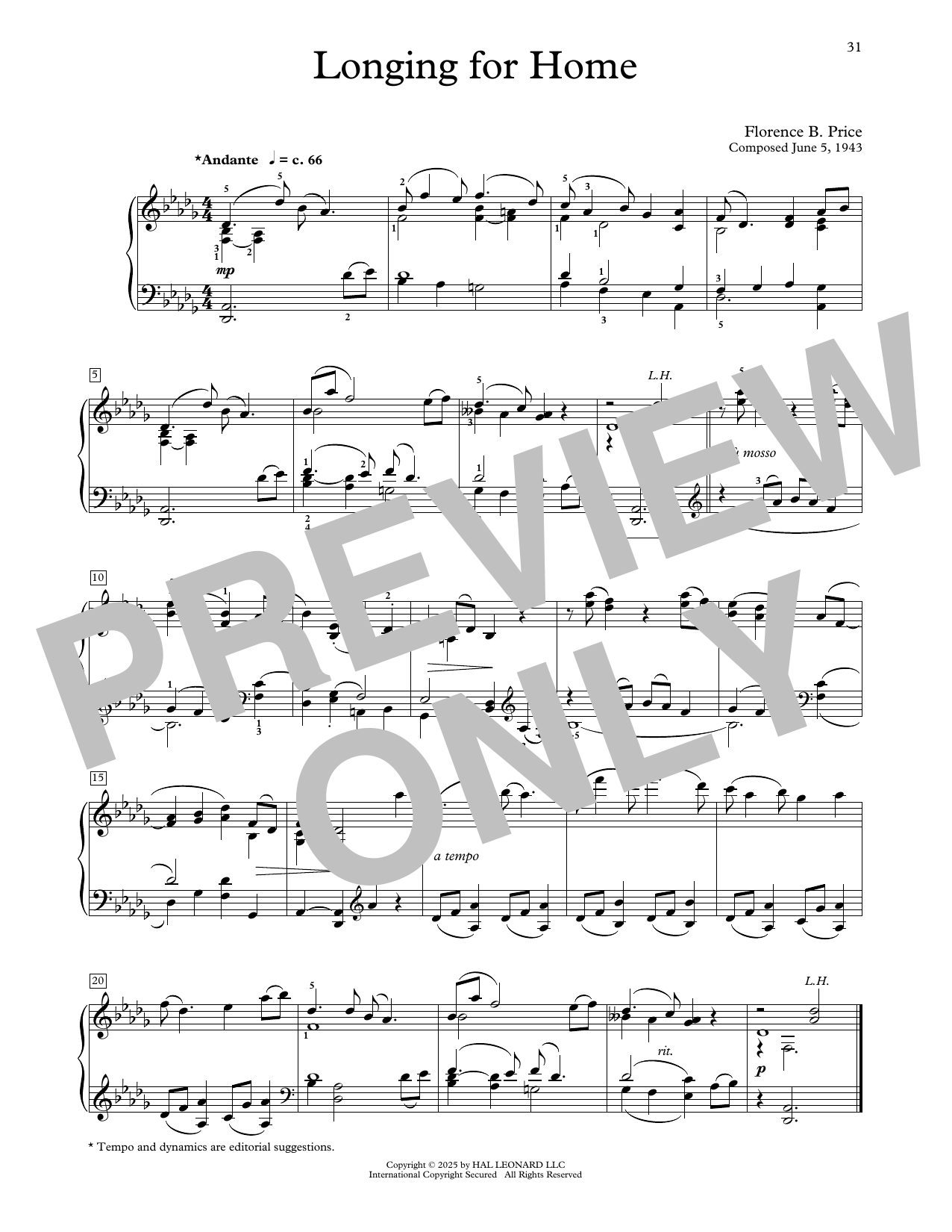 Florence Price Longing For Home sheet music notes and chords arranged for Educational Piano
