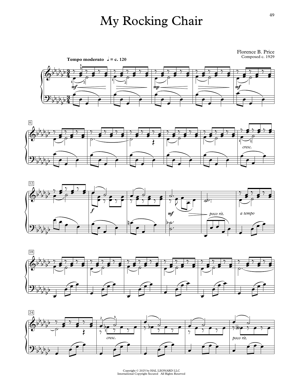 Florence Price My Rocking Chair sheet music notes and chords arranged for Educational Piano