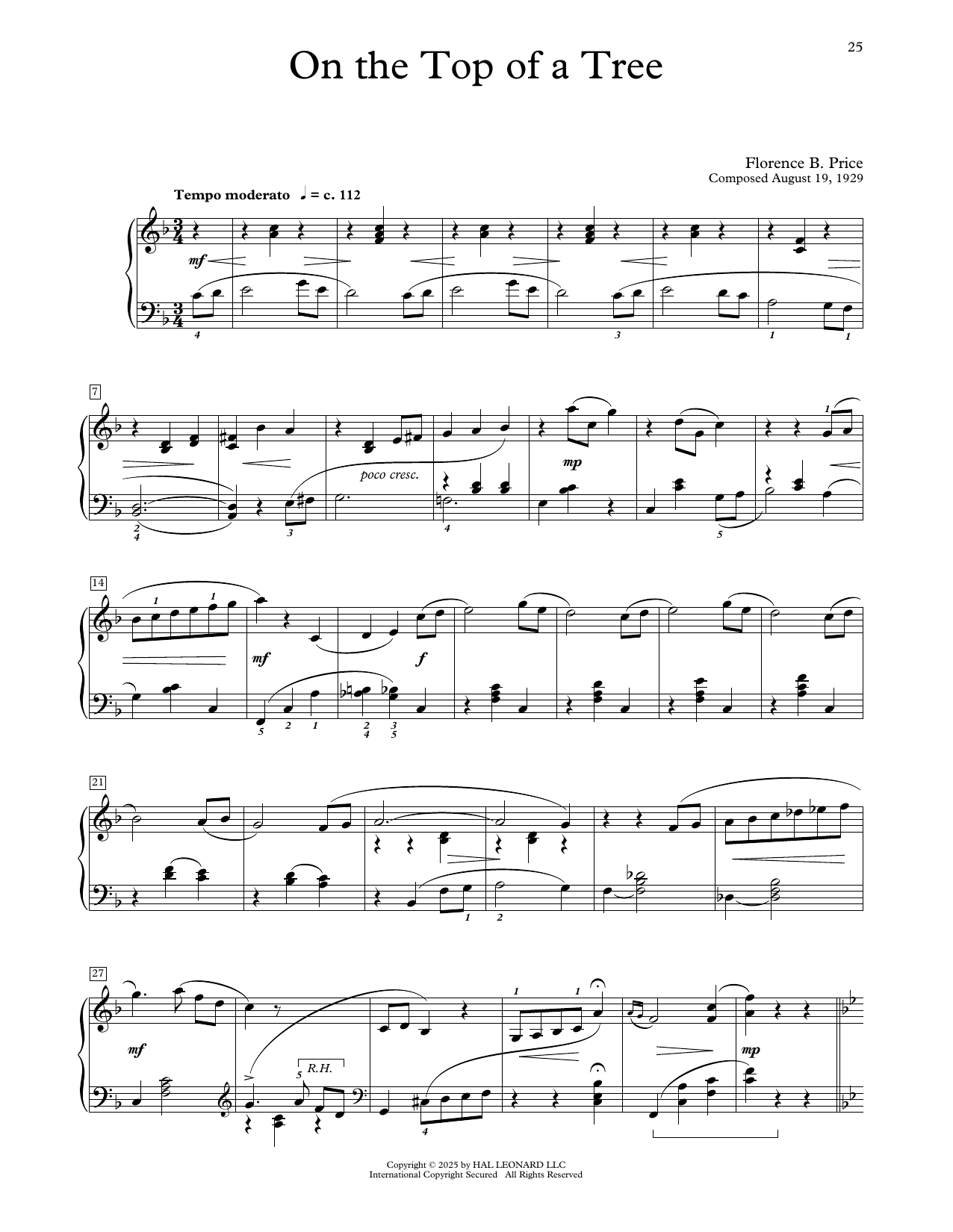 Florence Price On The Top Of  A Tree sheet music notes and chords arranged for Educational Piano