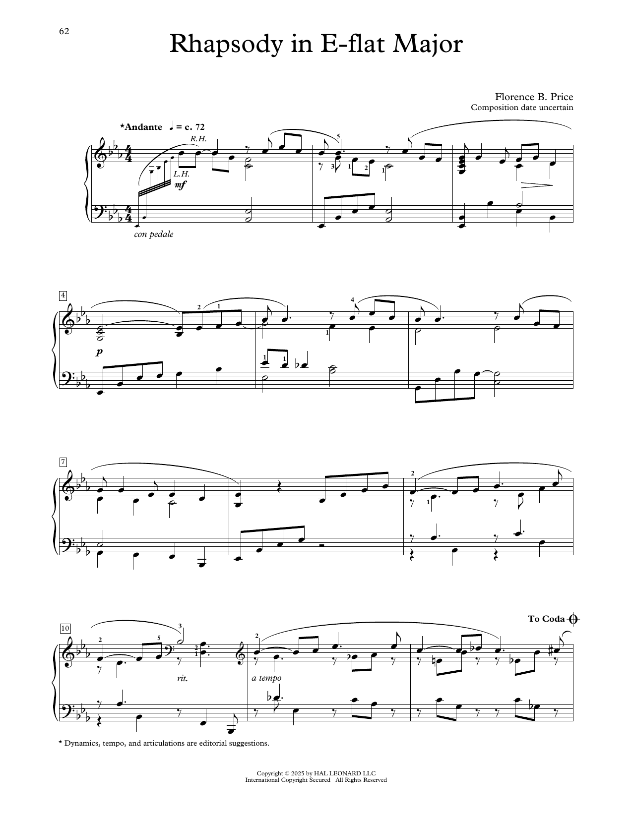 Florence Price Rhapsody In E-Flat Major sheet music notes and chords arranged for Educational Piano