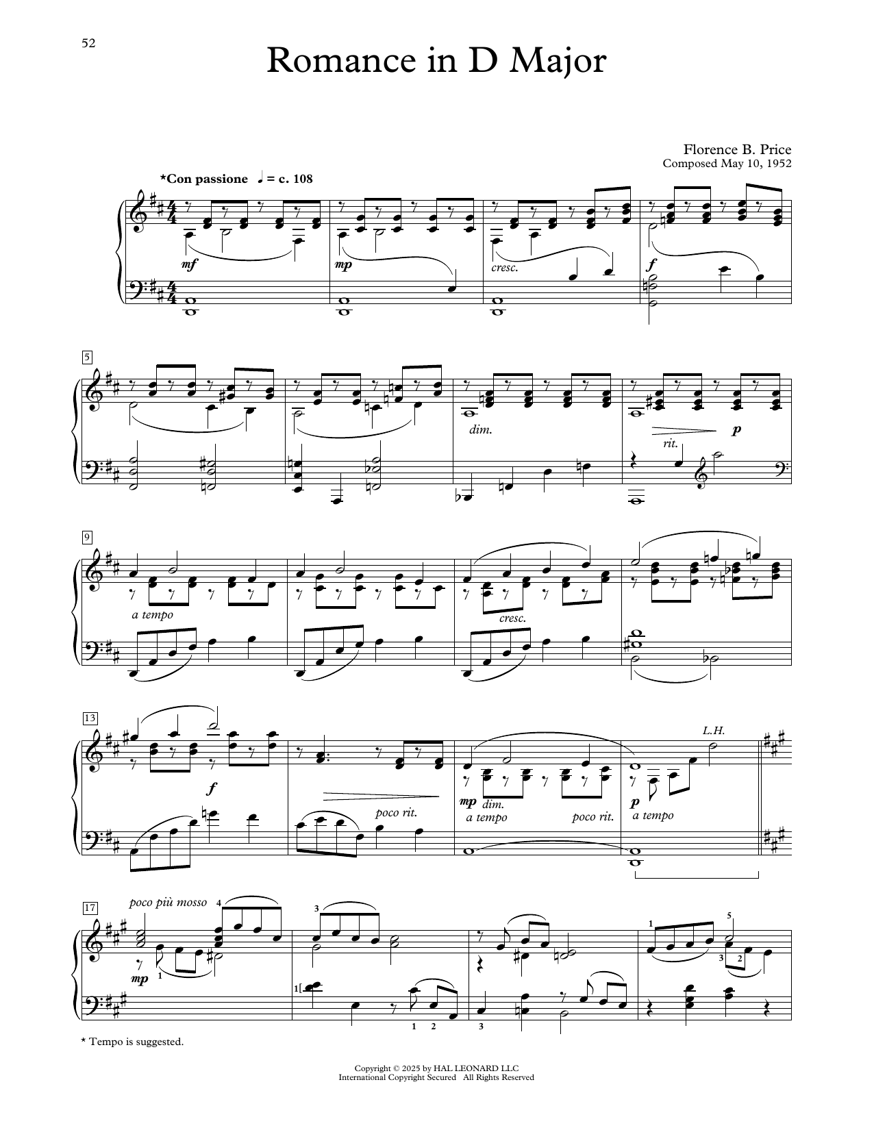 Florence Price Romance In D Major sheet music notes and chords arranged for Educational Piano
