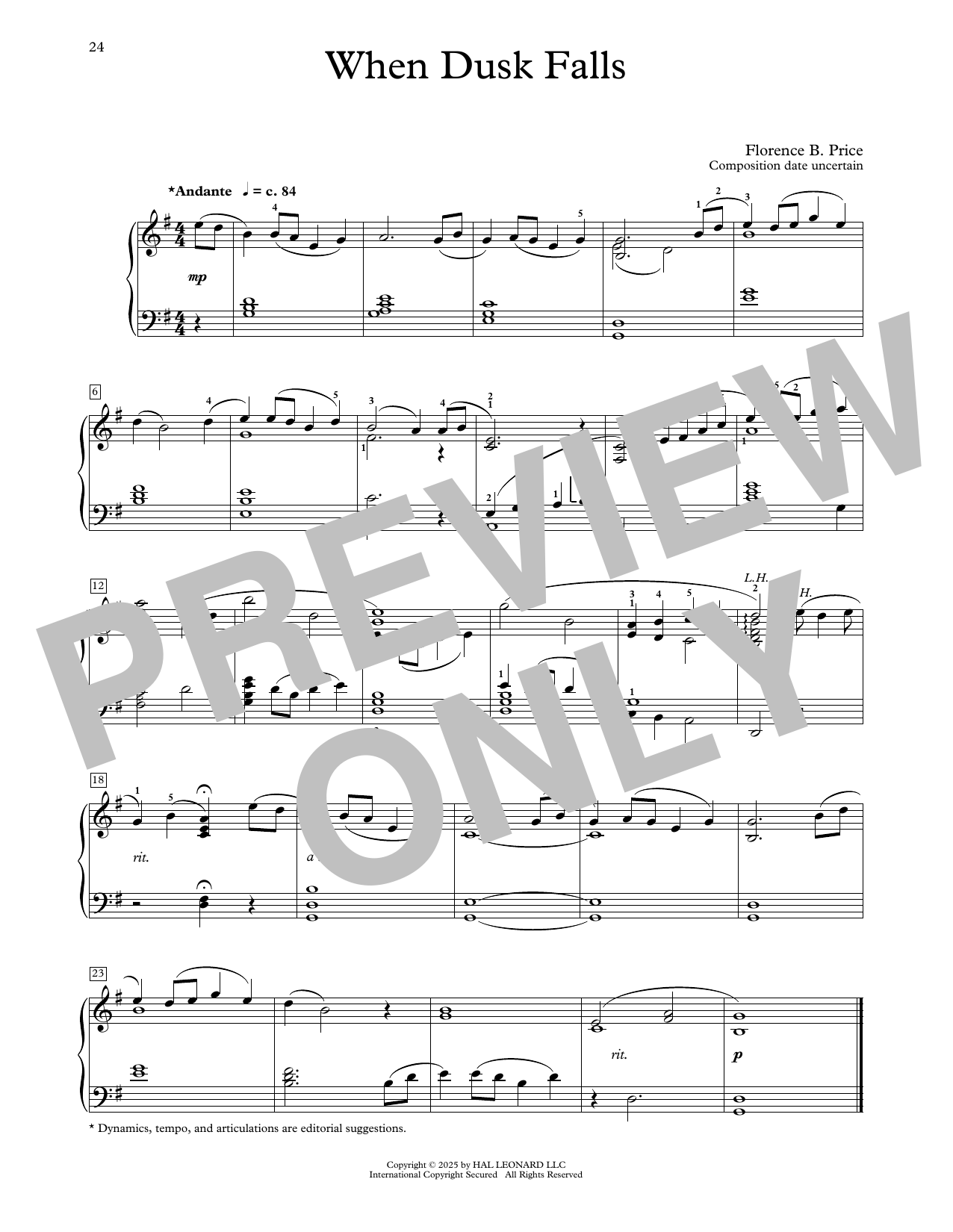 Florence Price When Dusk Falls sheet music notes and chords arranged for Educational Piano