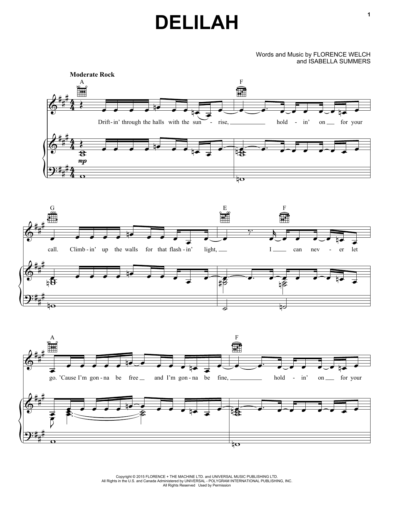 Florence And The Machine Delilah sheet music notes and chords arranged for Piano, Vocal & Guitar Chords (Right-Hand Melody)