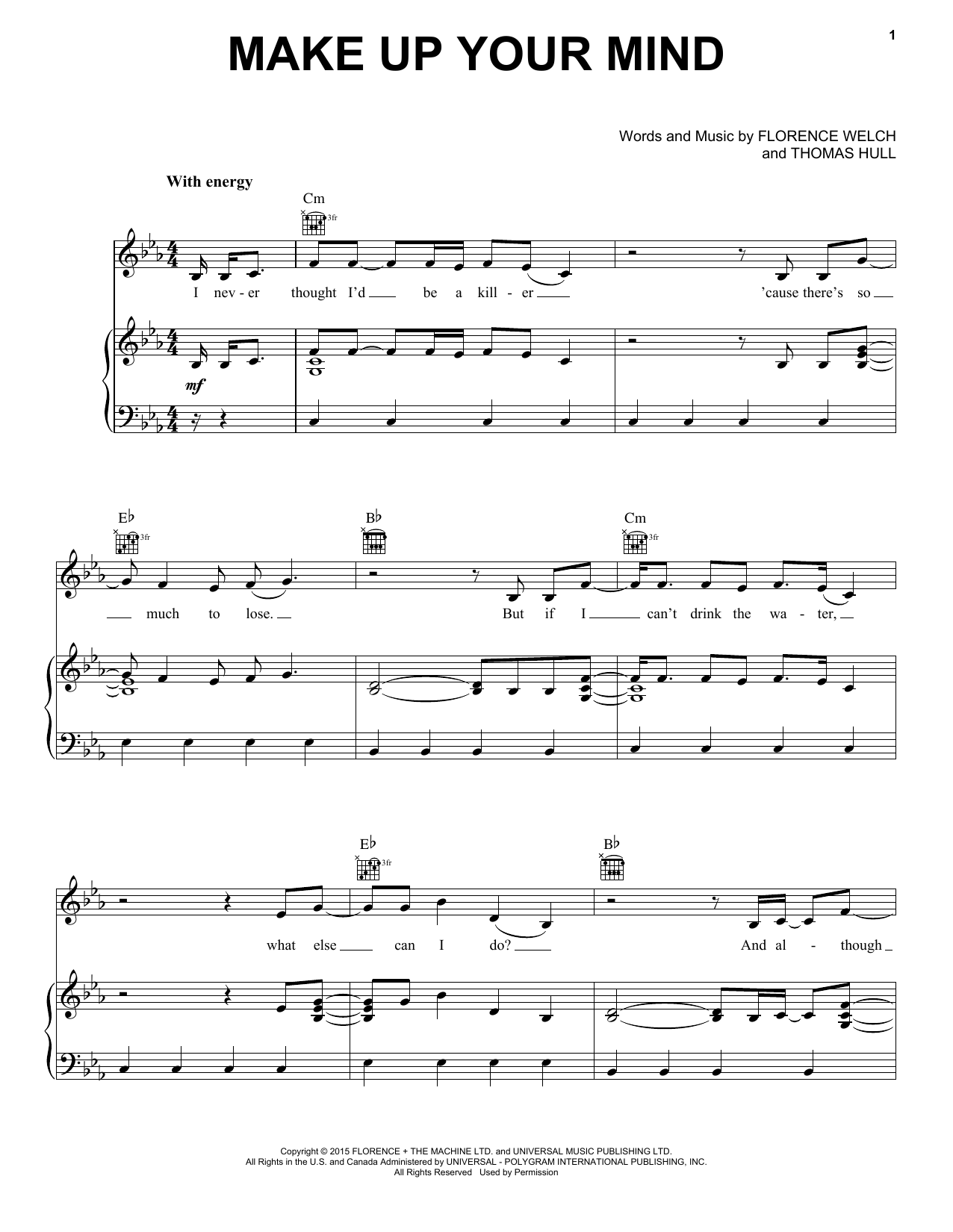 Florence And The Machine Make Up Your Mind sheet music notes and chords arranged for Piano, Vocal & Guitar Chords (Right-Hand Melody)