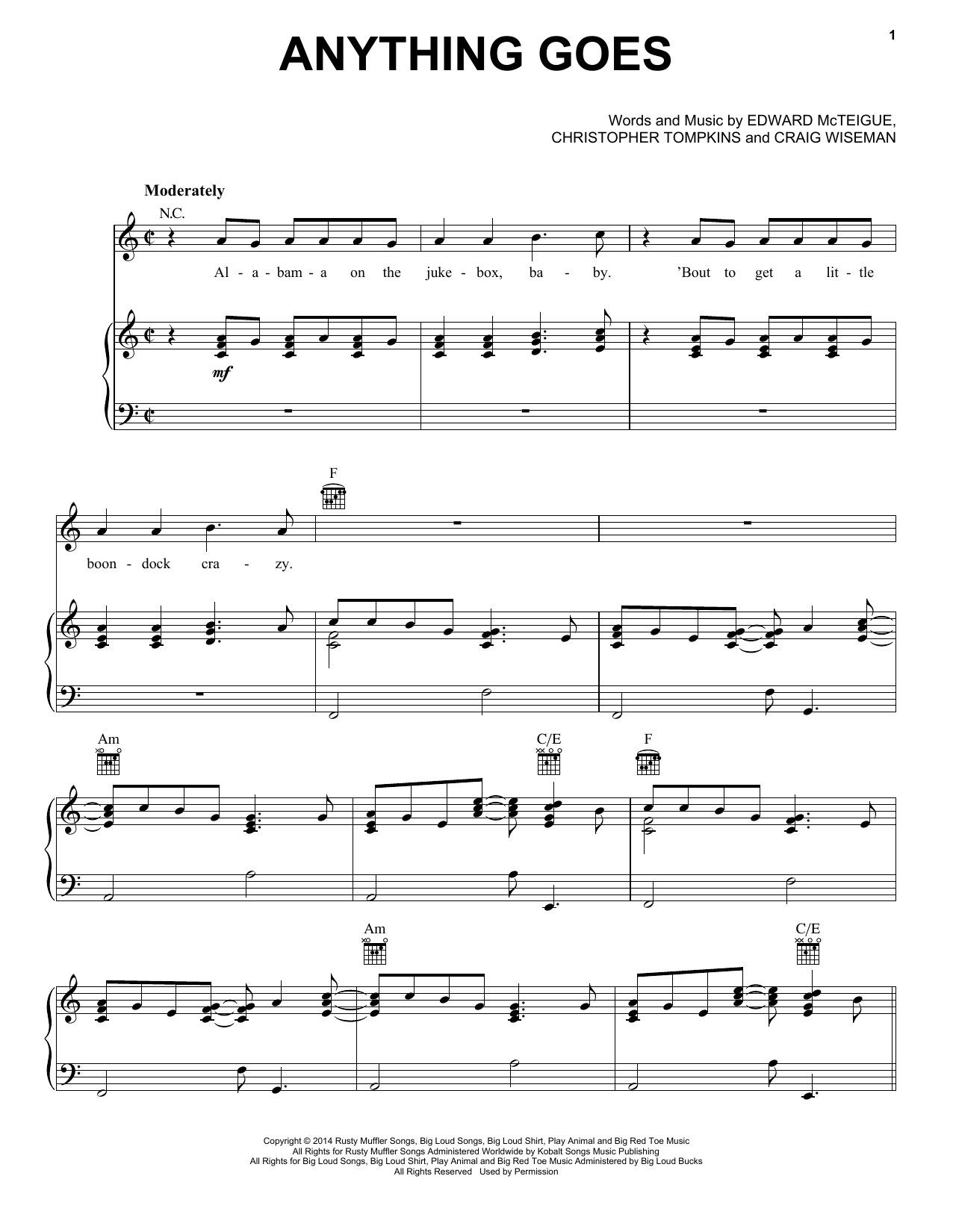 Florida Georgia Line Anything Goes sheet music notes and chords arranged for Piano, Vocal & Guitar Chords (Right-Hand Melody)