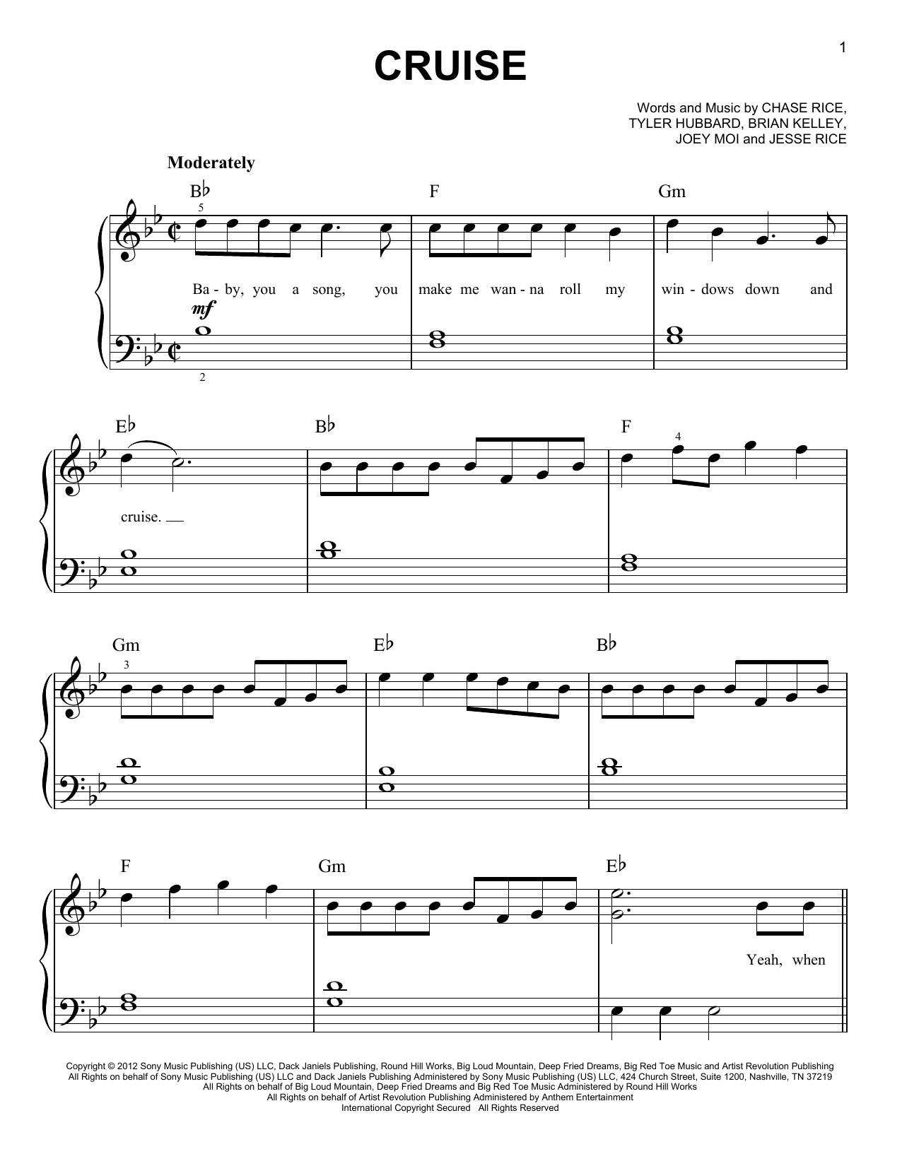 Florida Georgia Line Cruise sheet music notes and chords arranged for Pro Vocal