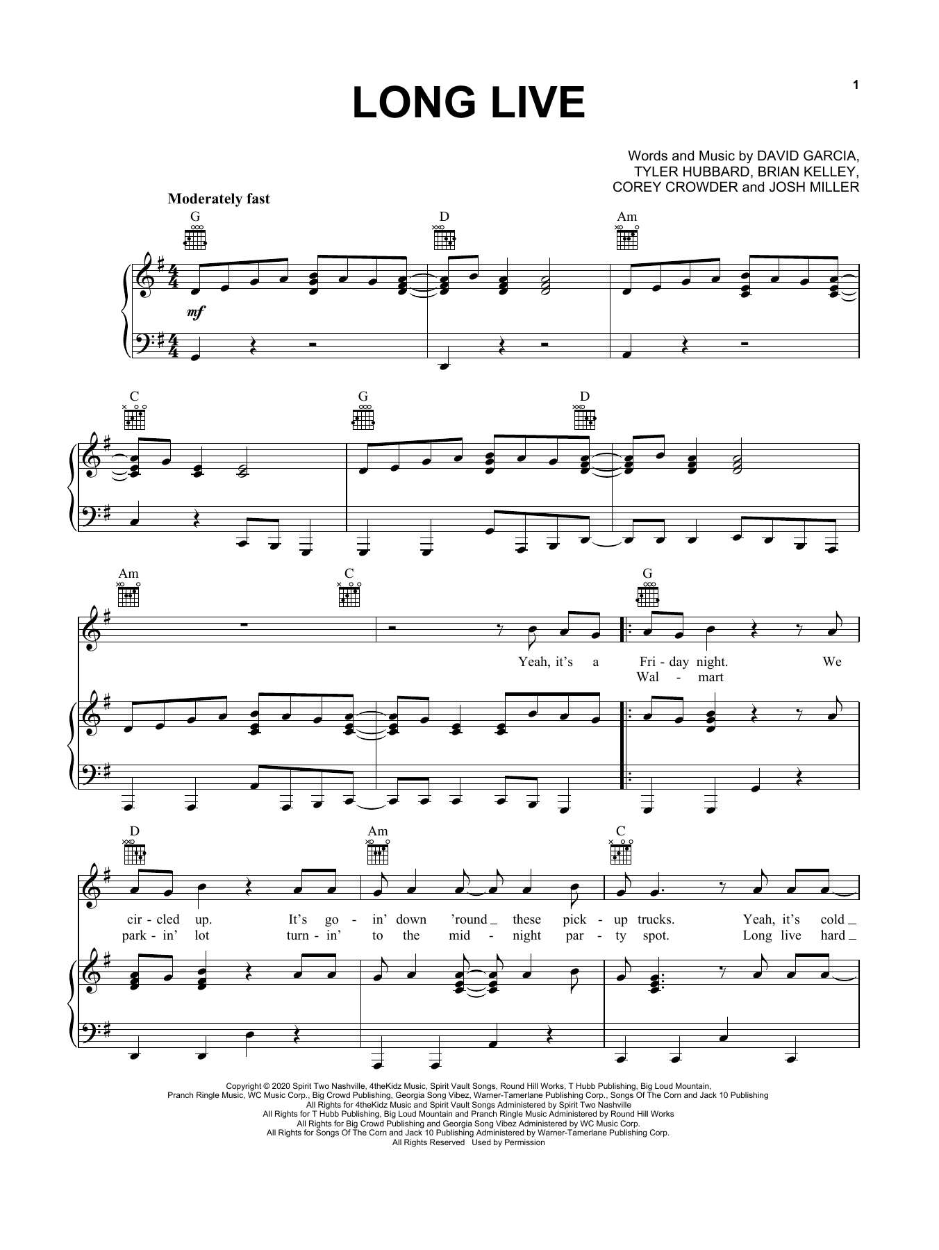 Florida Georgia Line Long Live sheet music notes and chords arranged for Piano, Vocal & Guitar Chords (Right-Hand Melody)
