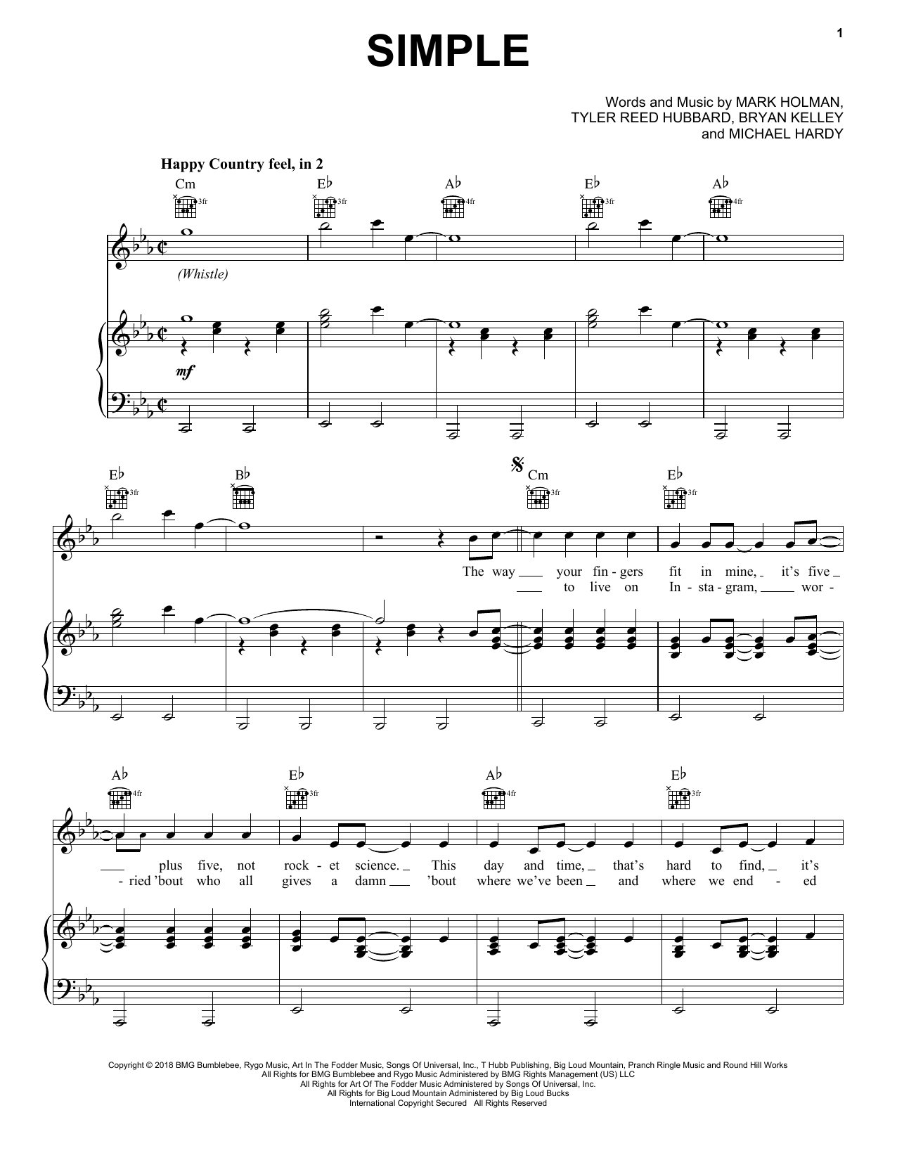 Florida Georgia Line Simple sheet music notes and chords arranged for Very Easy Piano
