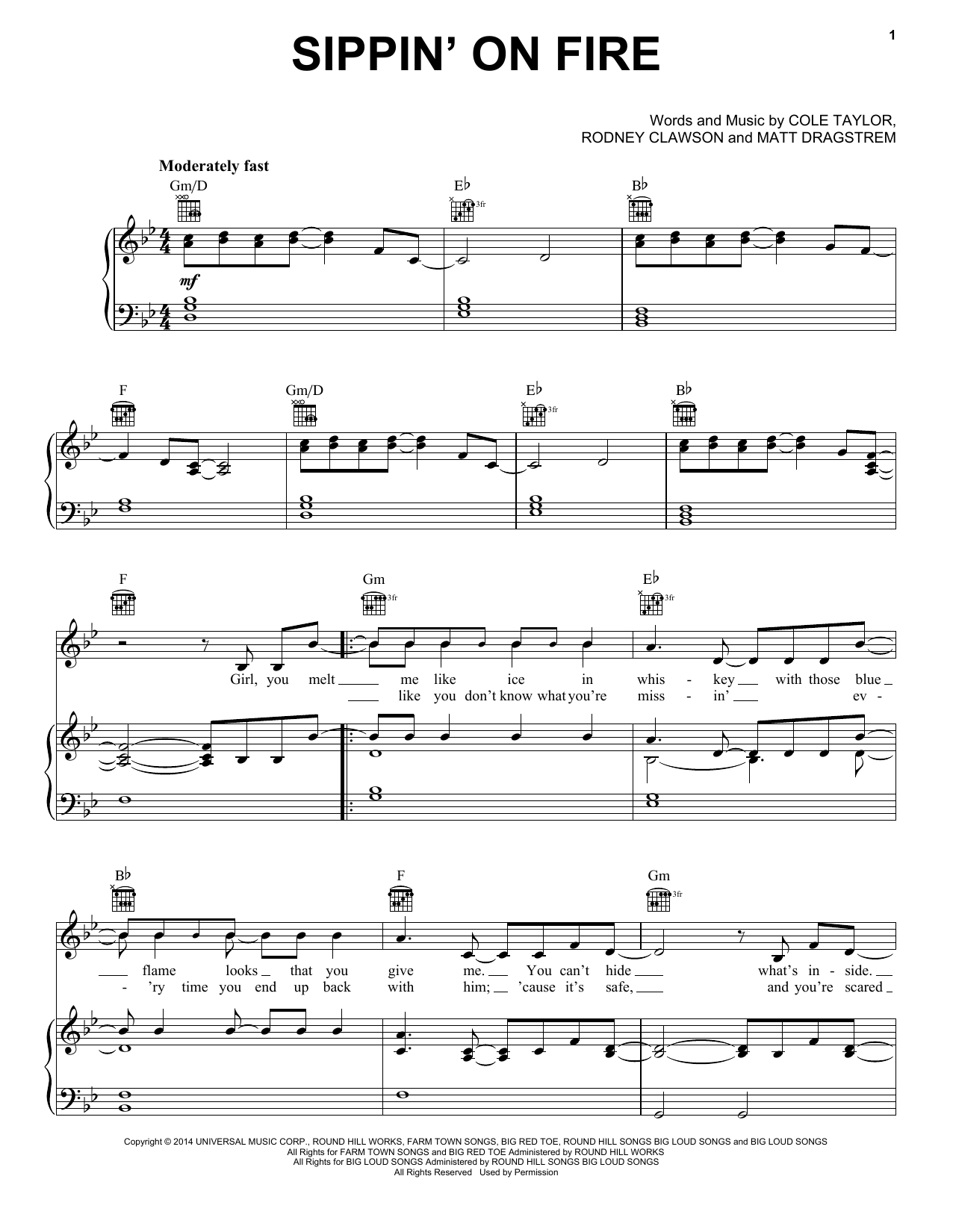 Florida Georgia Line Sippin' On Fire sheet music notes and chords arranged for Piano, Vocal & Guitar Chords (Right-Hand Melody)