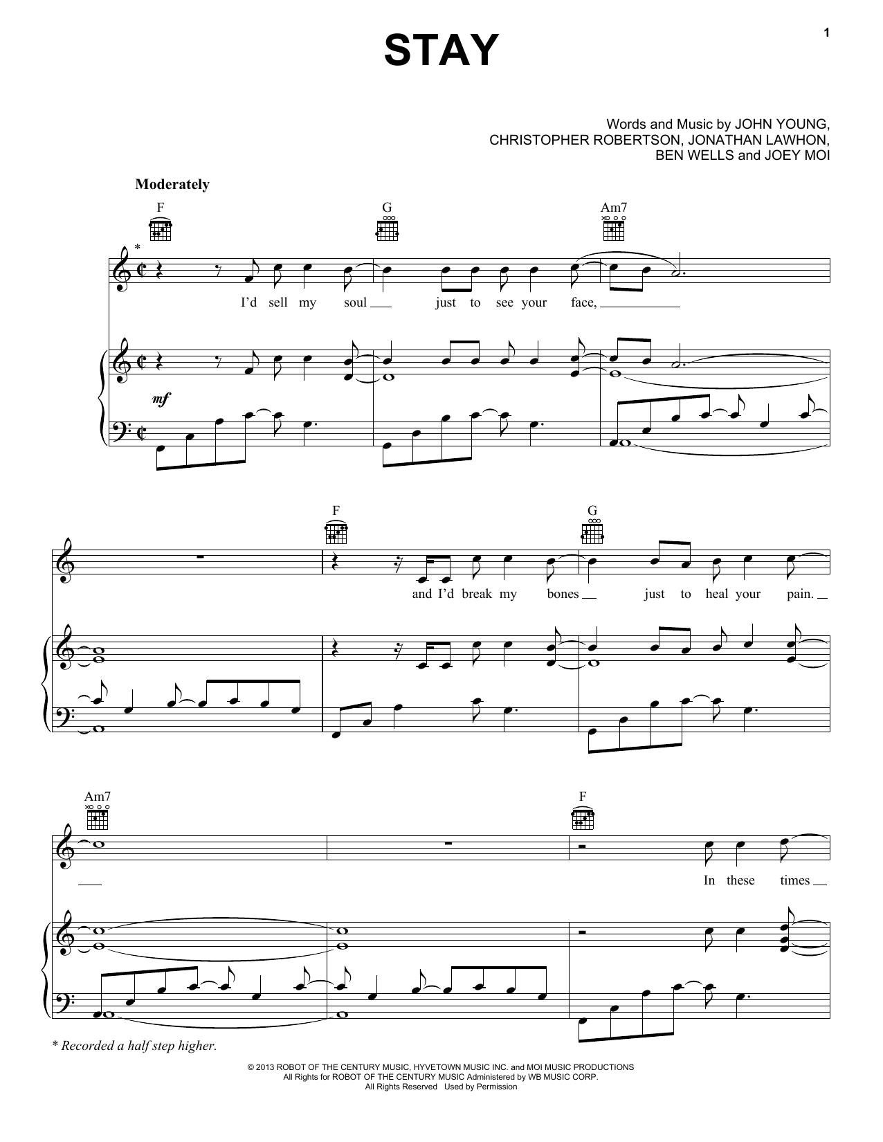 Florida Georgia Line Stay sheet music notes and chords arranged for Piano, Vocal & Guitar Chords (Right-Hand Melody)