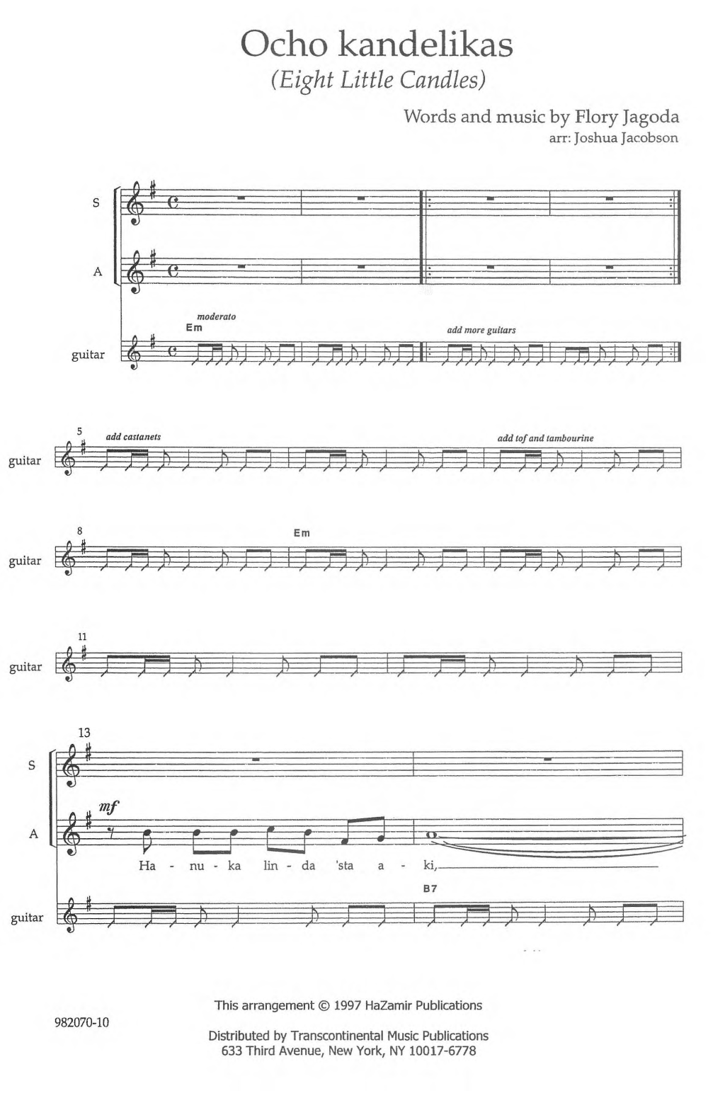 Flory Jagoda Ocho Kandelikas (arr. Joshua Jacobson) sheet music notes and chords arranged for Choir