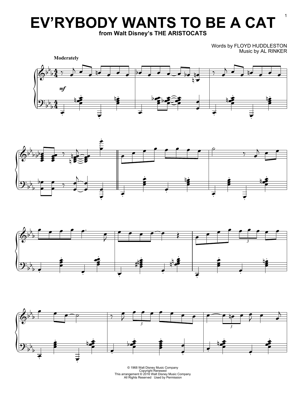 Floyd Huddleston & Al Rinker Ev'rybody Wants To Be A Cat [Jazz version] sheet music notes and chords arranged for Piano Solo