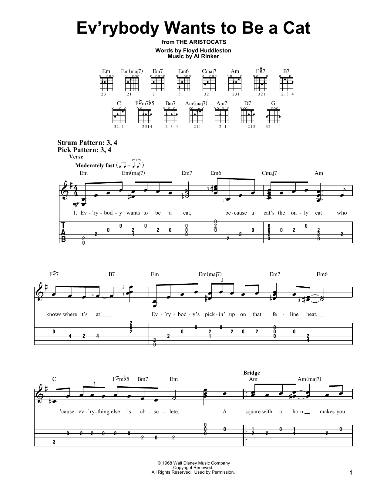 Floyd Huddleston Ev'rybody Wants To Be A Cat sheet music notes and chords arranged for Easy Guitar Tab