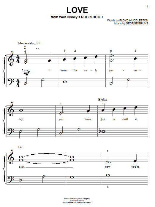 Floyd Huddleston Love (from Walt Disney's Robin Hood) sheet music notes and chords arranged for Big Note Piano
