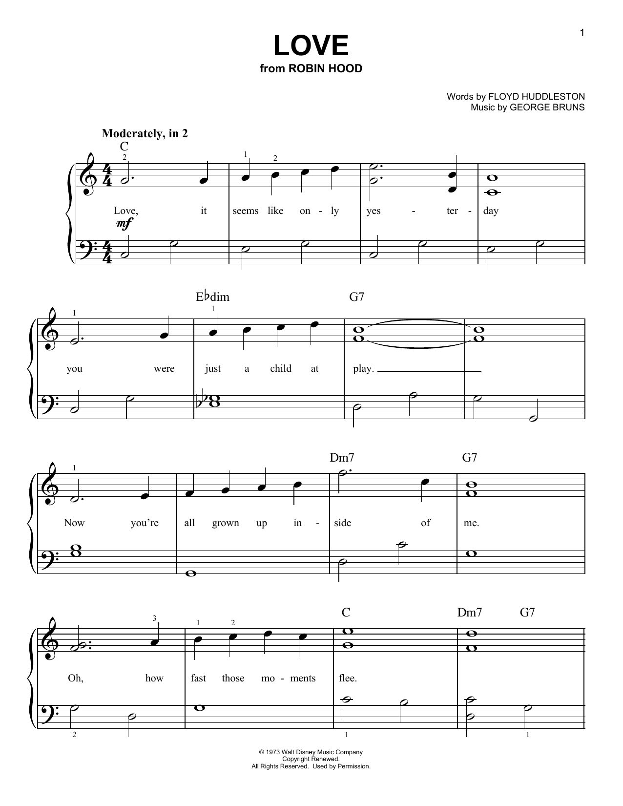 Floyd Huddleston Love (from Walt Disney's Robin Hood) sheet music notes and chords arranged for Easy Piano