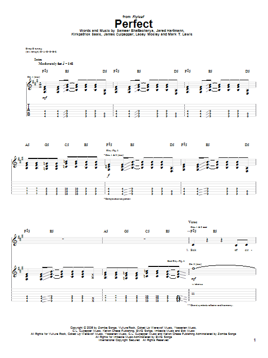 Flyleaf Perfect sheet music notes and chords arranged for Guitar Tab
