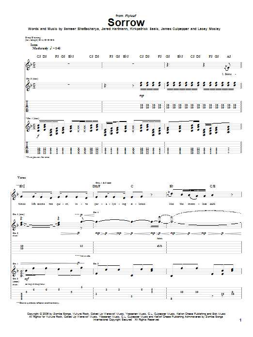 Flyleaf Sorrow sheet music notes and chords arranged for Guitar Tab