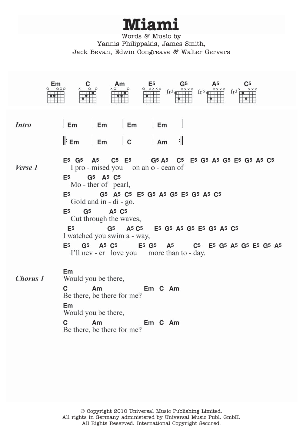 Foals Miami sheet music notes and chords arranged for Guitar Chords/Lyrics