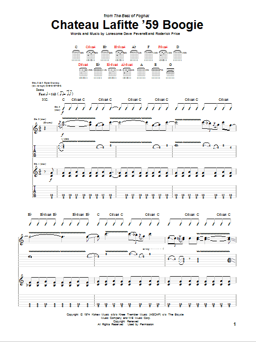 Foghat Chateau Lafitte '59 Boogie sheet music notes and chords arranged for Guitar Tab