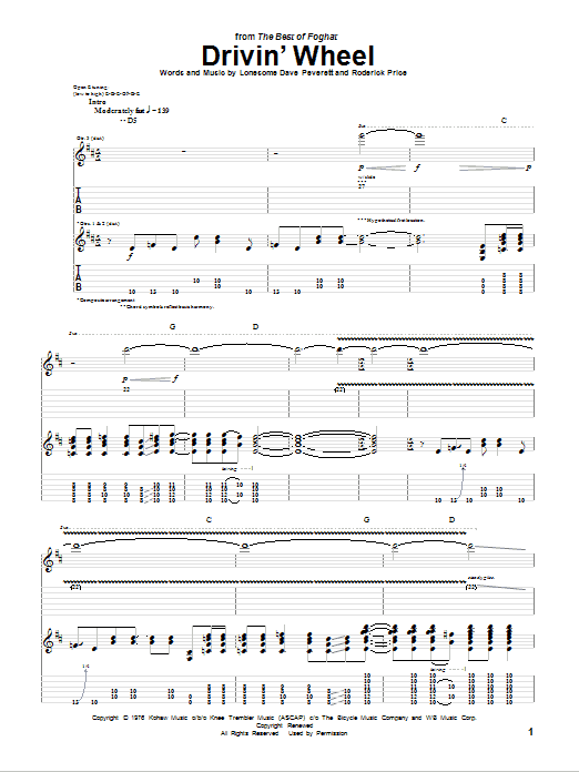 Foghat Drivin' Wheel sheet music notes and chords arranged for Guitar Tab