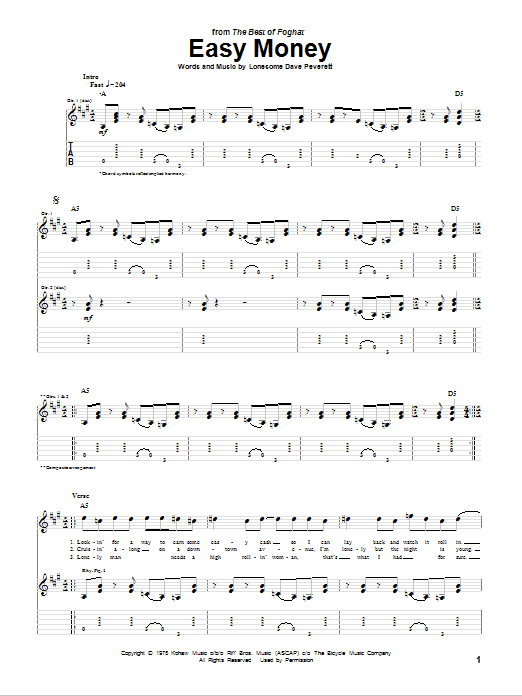 Foghat Easy Money sheet music notes and chords arranged for Guitar Tab