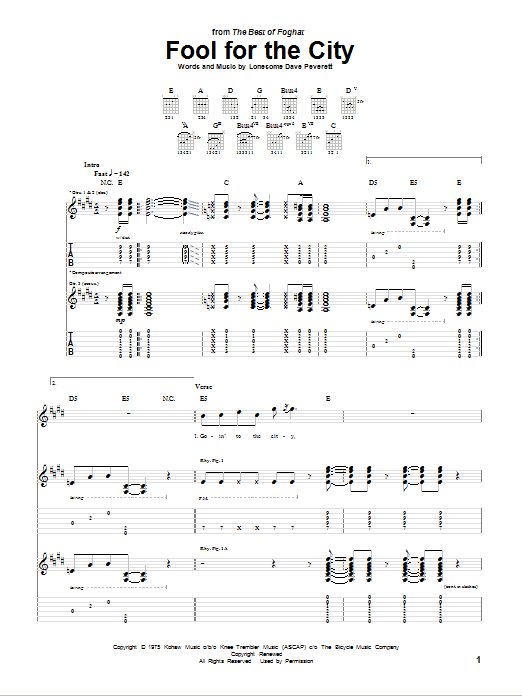 Foghat Fool For The City sheet music notes and chords arranged for Guitar Tab