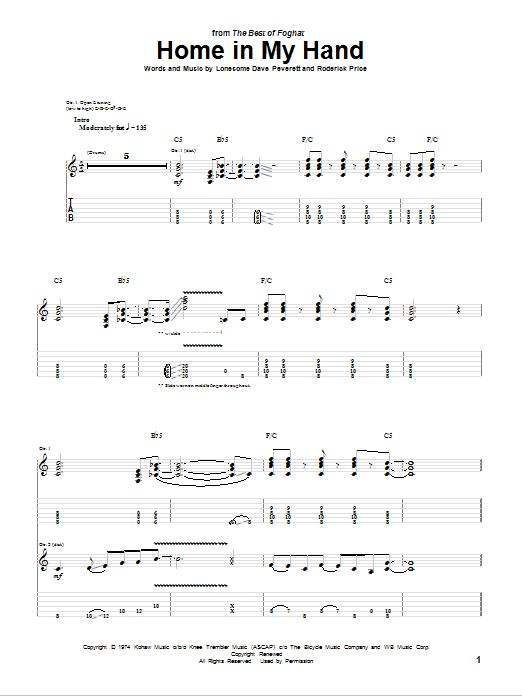 Foghat Home In My Hand sheet music notes and chords arranged for Guitar Tab