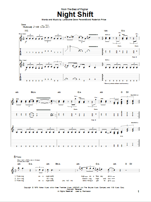 Foghat Night Shift sheet music notes and chords arranged for Guitar Tab