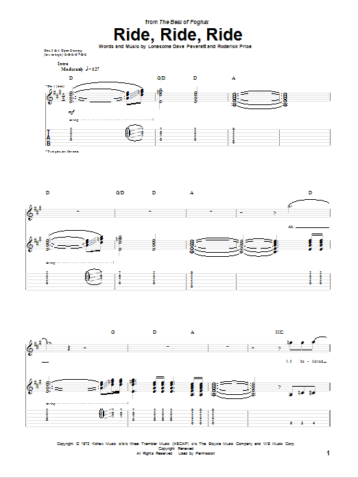 Foghat Ride, Ride, Ride sheet music notes and chords arranged for Guitar Tab