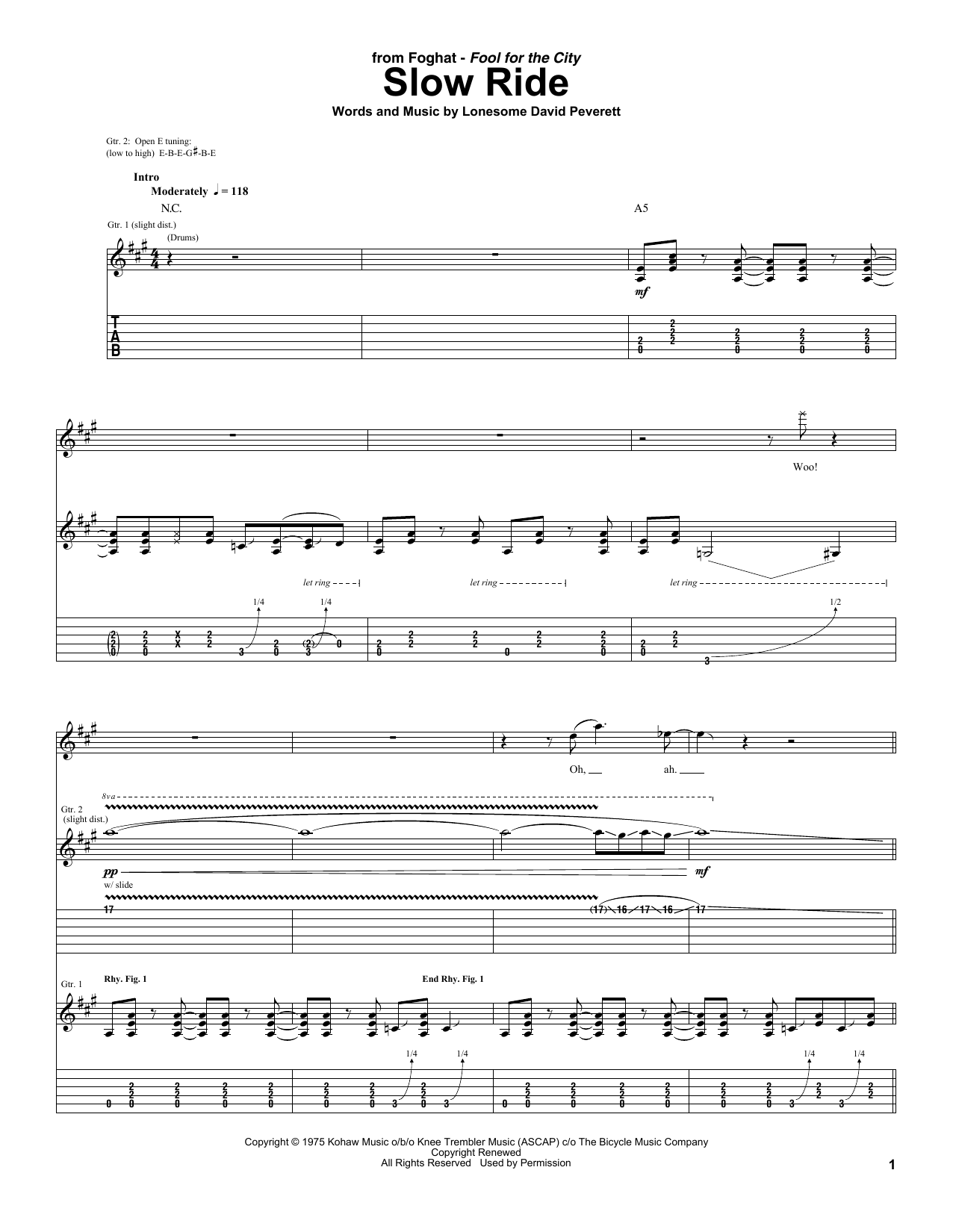 Foghat Slow Ride sheet music notes and chords arranged for Real Book – Melody, Lyrics & Chords