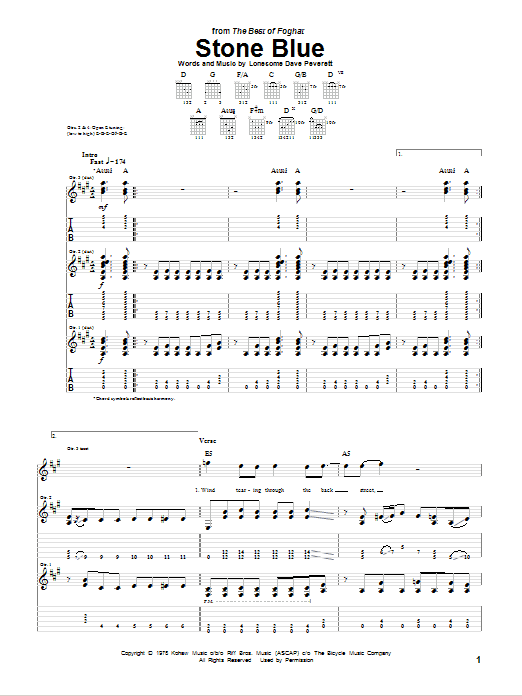 Foghat Stone Blue sheet music notes and chords arranged for Guitar Tab