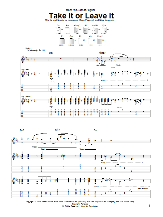 Foghat Take It Or Leave It sheet music notes and chords arranged for Guitar Tab