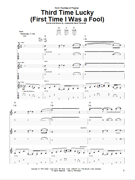 Foghat Third Time Lucky (First Time I Was A Fool) sheet music notes and chords arranged for Guitar Tab