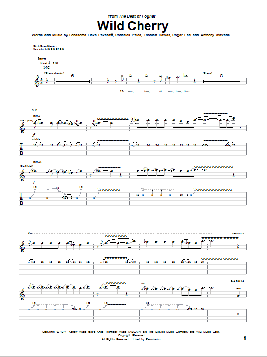 Foghat Wild Cherry sheet music notes and chords arranged for Guitar Tab