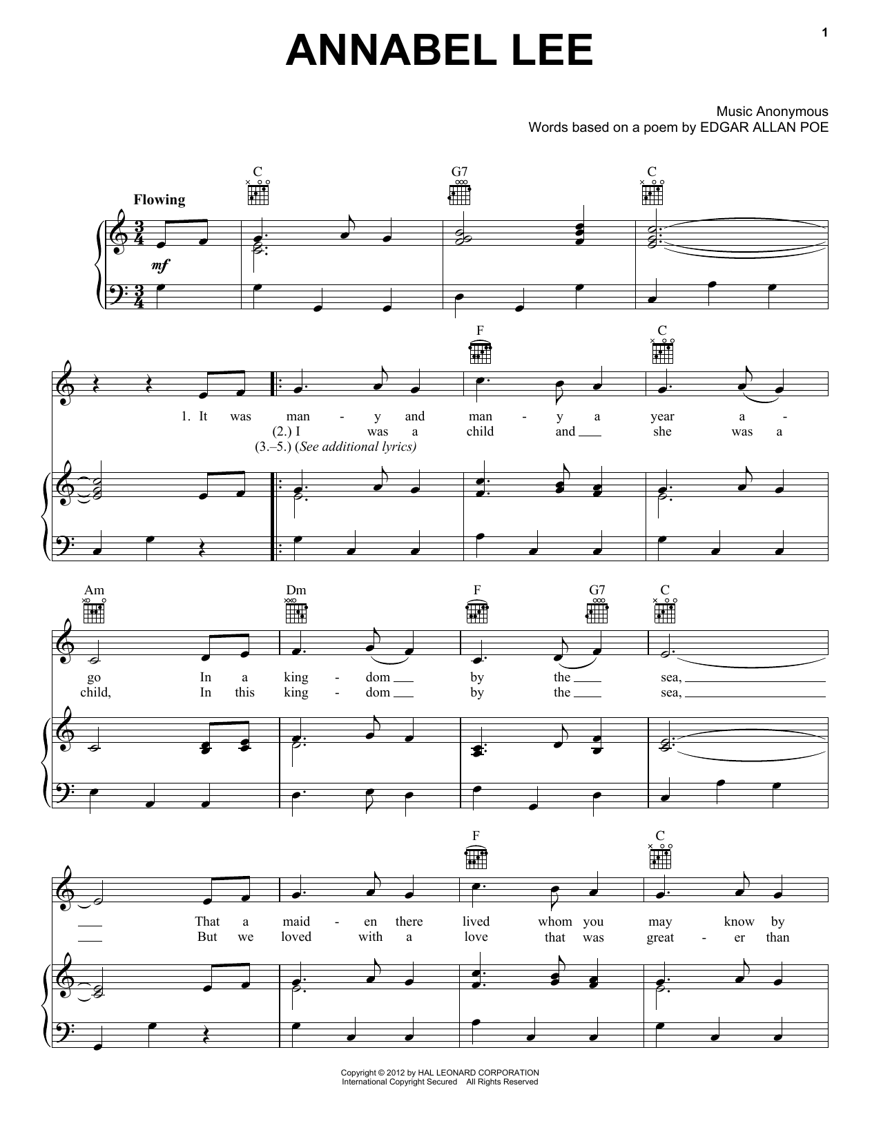 Folk Song Annabel Lee sheet music notes and chords arranged for Piano, Vocal & Guitar Chords (Right-Hand Melody)