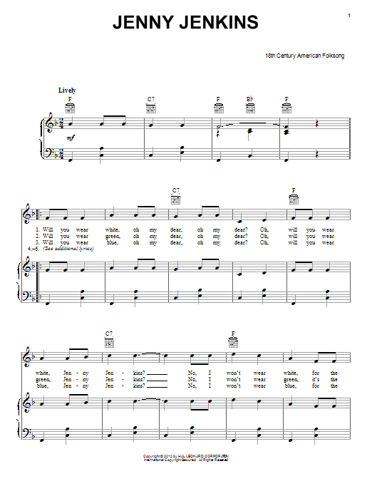 Folk Song Jenny Jenkins sheet music notes and chords arranged for Piano, Vocal & Guitar Chords (Right-Hand Melody)