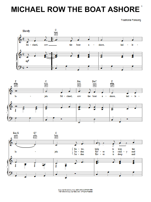 Traditional Folksong Michael Row The Boat Ashore sheet music notes and chords arranged for Easy Piano