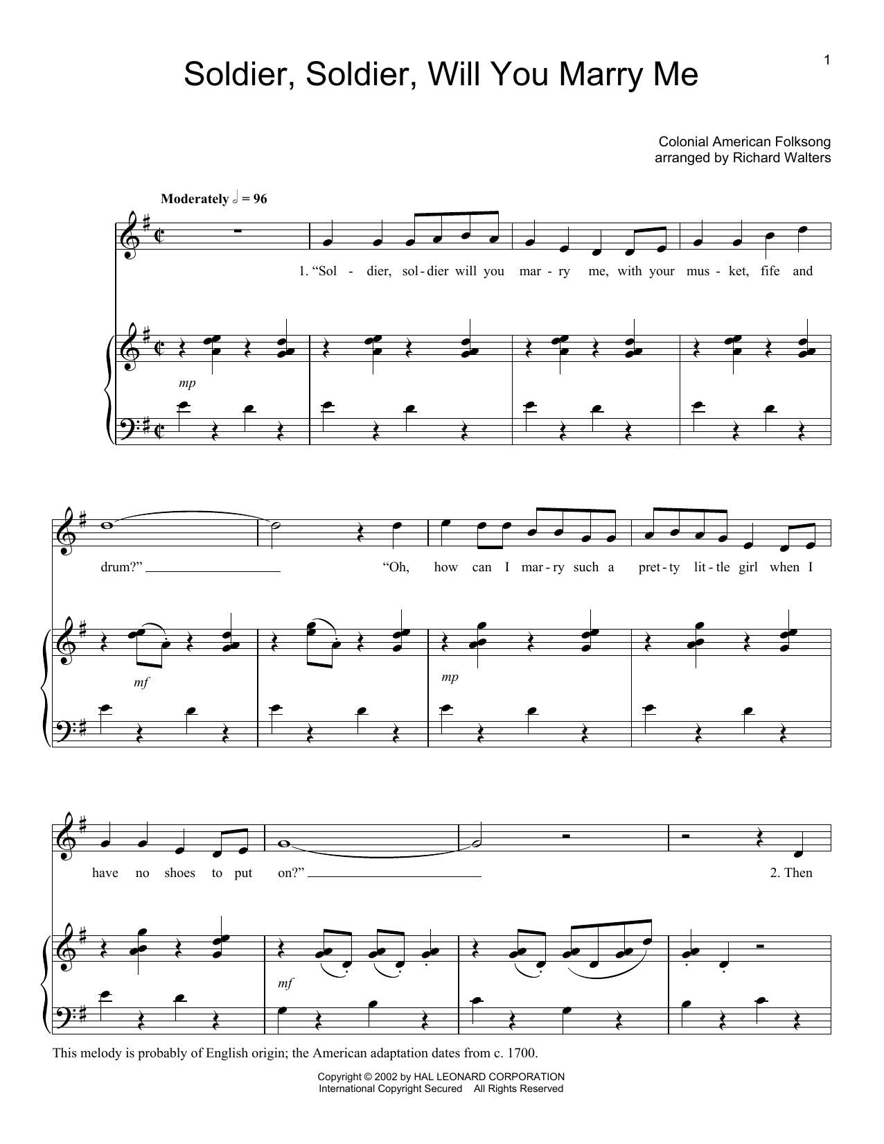 Folk Song Soldier, Soldier Will You Marry Me sheet music notes and chords arranged for Piano, Vocal & Guitar Chords (Right-Hand Melody)