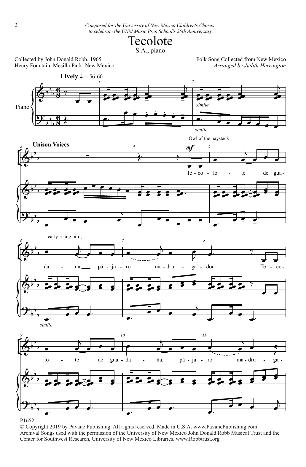Folk Song Tecolote (arr. Judith Herrington) sheet music notes and chords arranged for Choir