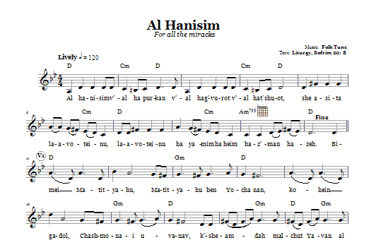 Folk Tune Al Hanisim (For All The Miracles) sheet music notes and chords arranged for Lead Sheet / Fake Book