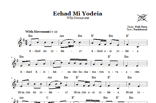 Folk Tune Echad Mi Yodeia (Who Knows One) sheet music notes and chords arranged for Lead Sheet / Fake Book