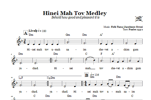 Folk Tune Hinei Mah Tov Medley (Behold How Good And Pleasant It Is) sheet music notes and chords arranged for Lead Sheet / Fake Book