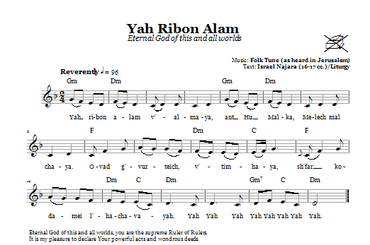 Folk Tune Yah Ribon Olam (Eternal God Of This And All Worlds) sheet music notes and chords arranged for Lead Sheet / Fake Book