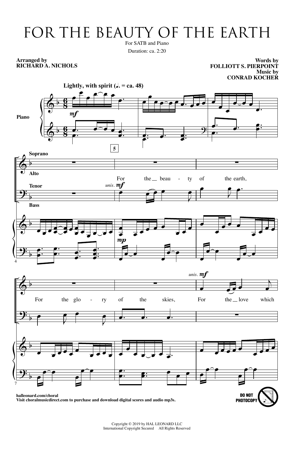 Folliot S. Pierpoint & Conrad Kocher For The Beauty Of The Earth (arr. Richard A. Nichols) sheet music notes and chords arranged for SATB Choir