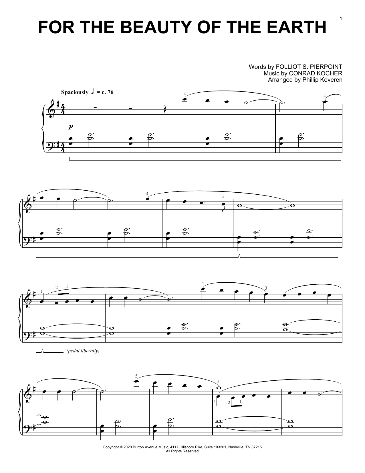 Folliot S. Pierpoint and Conrad Kocher For The Beauty Of The Earth (arr. Phillip Keveren) sheet music notes and chords arranged for Piano Solo