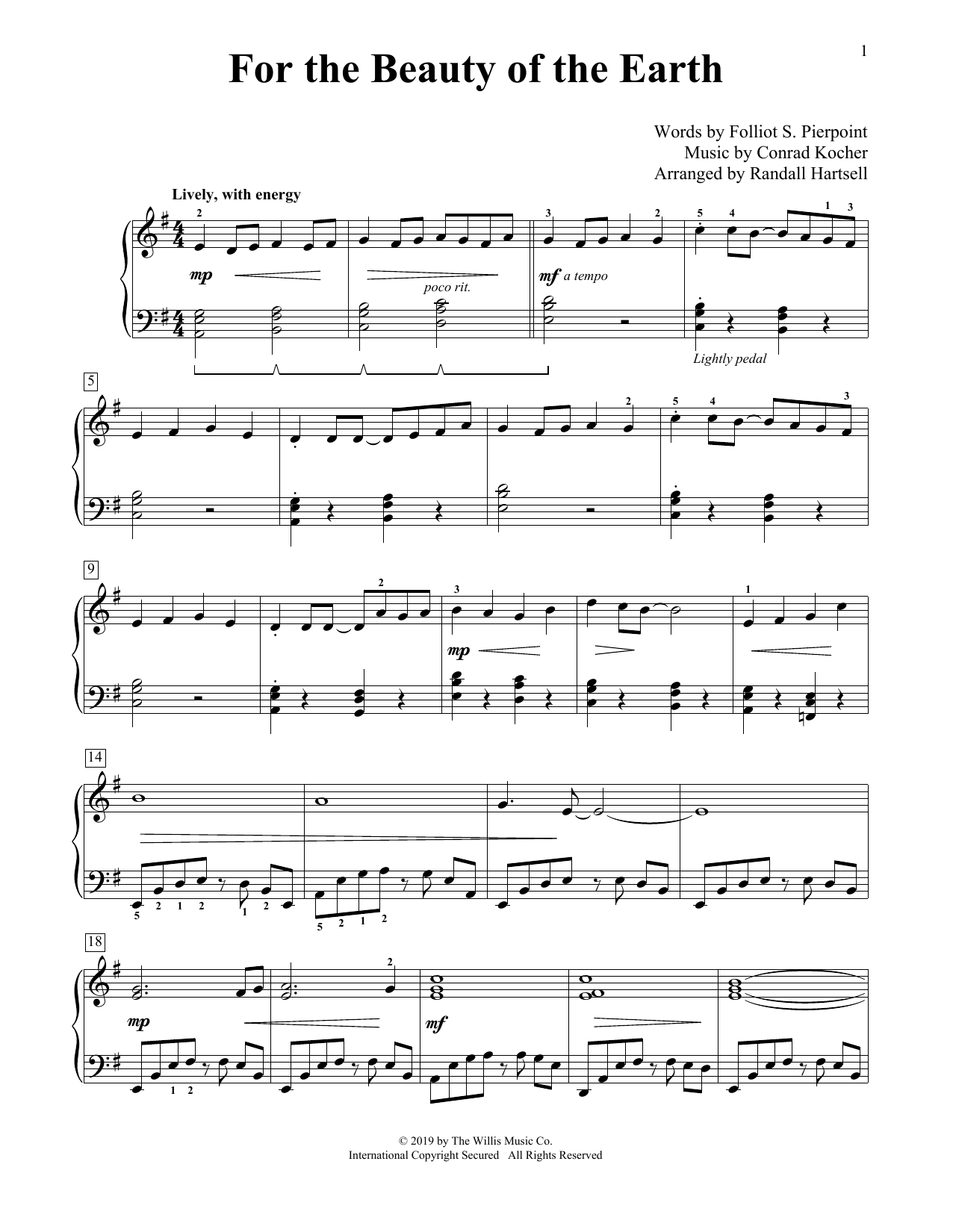 Folliot S. Pierpoint and Conrad Kocher For The Beauty Of The Earth (arr. Randall Hartsell) sheet music notes and chords arranged for Educational Piano