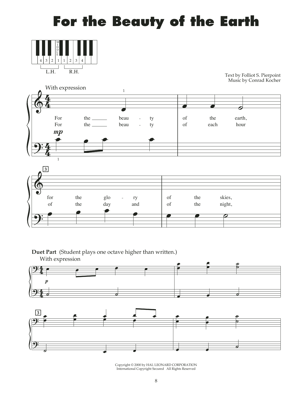 Folliot S. Pierpoint For The Beauty Of The Earth (arr. Carol Klose) sheet music notes and chords arranged for 5-Finger Piano